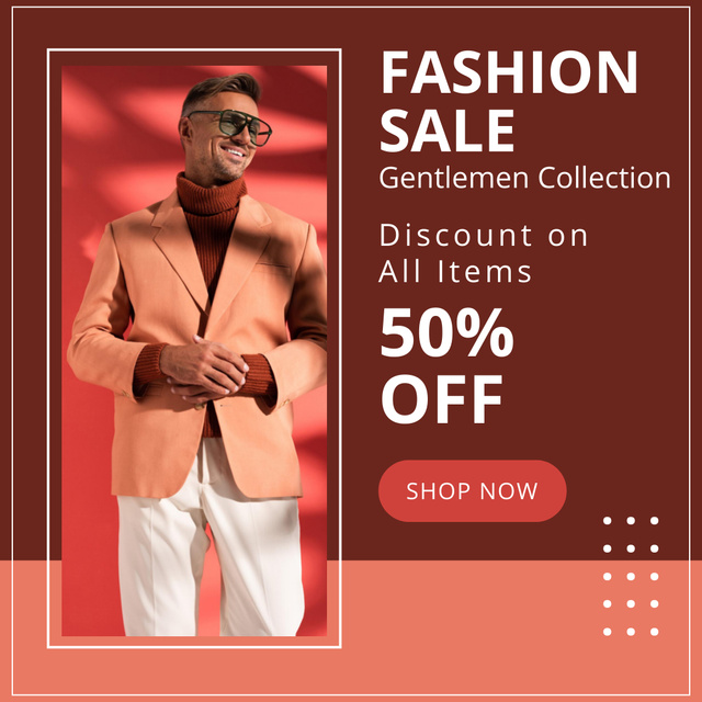 Elegant Male Clothing Ad with Man in Coral Jacket Instagramデザインテンプレート