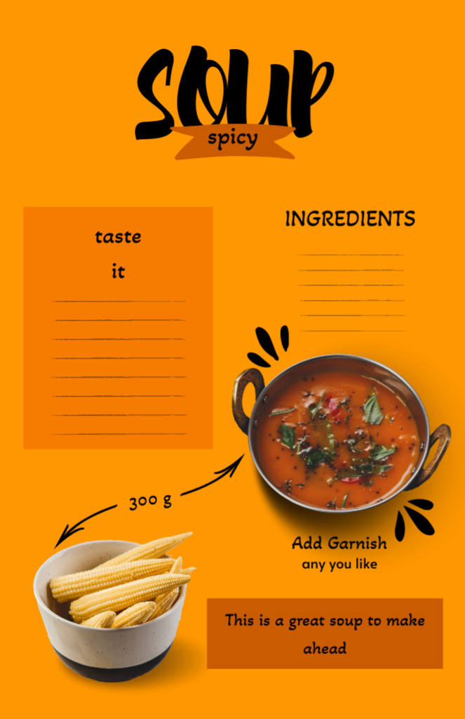 Delicious Spicy Soup in Bowl Recipe Card Design Template