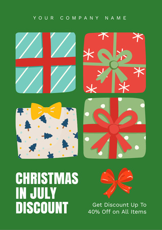 July Christmas Sale Announcement with Gifts in Green Flyer A4 Design Template