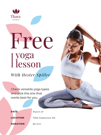 Template di design Lesson Offer with Woman Practicing Yoga Poster US