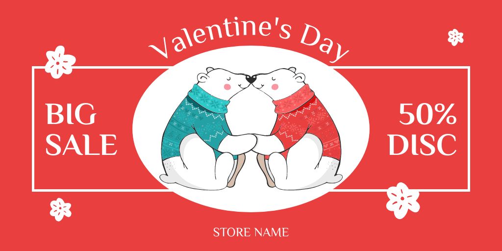 Valentine's Day Sale with Cartoon Polar Bears Twitter Design Template