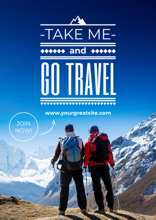 Winter Tour inspiration with Tourists in Snowy Mountains Flyer A6 Design Template