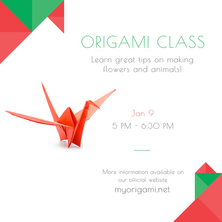 Origami class Invitation with Paper Bird on White Instagram Design Template