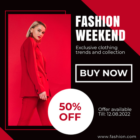Fashion Clothes Ad with Blonde in Red Suit Instagram tervezősablon