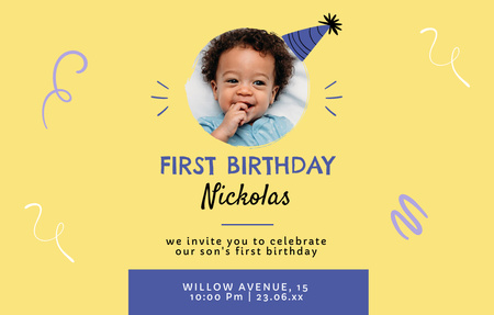 Pikkupojan ensimmäinen syntymäpäivä -ilmoitus keltaisella Invitation 4.6x7.2in Horizontal Design Template