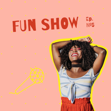 Platilla de diseño Comedy Podcast Announcement with Cheerful Young Woman Podcast Cover