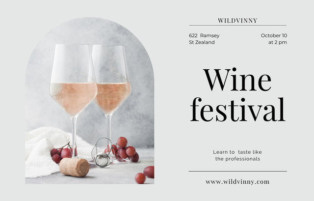 Szablon projektu Wine Tasting Festival Announcement With Wineglasses And Grape on Table Invitation 4.6x7.2in Horizontal