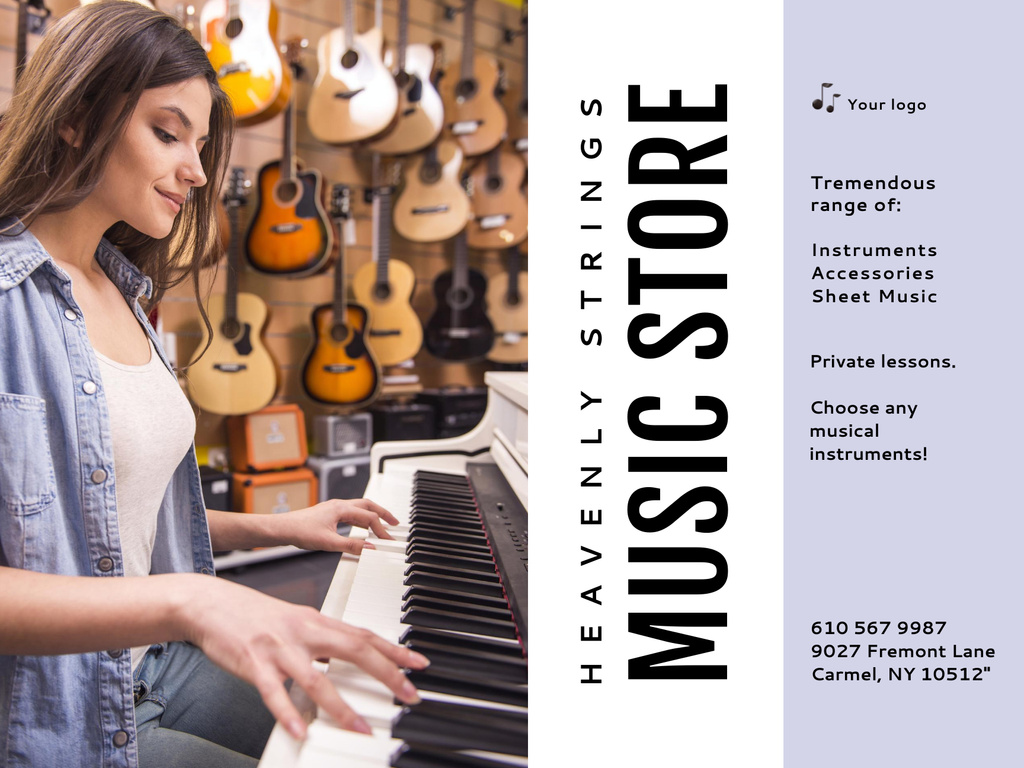 Music Store Promotion with Piano And Guitars Poster 18x24in Horizontalデザインテンプレート