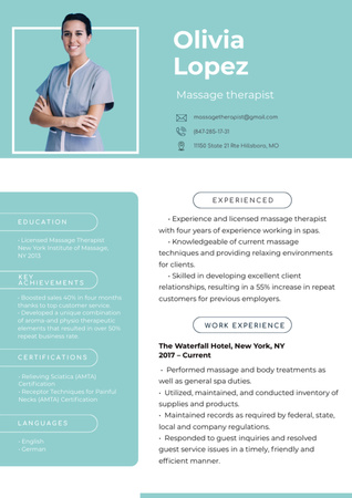 Modèle de visuel Massage Therapist Skills and Experience - Resume