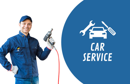 Car Service Ad with Worker in Uniform with Tool Business Card 85x55mm Design Template