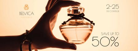 Plantilla de diseño de Oferta de venta con mujer sosteniendo una botella de perfume Facebook cover 