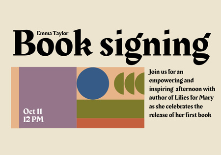 Book Signing Announcement with Geometric Shapes and Text Flyer A5 Horizontal Design Template