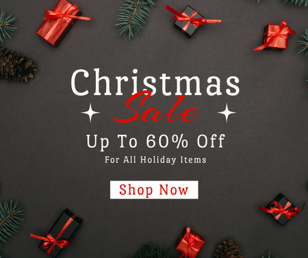 Christmas sale with Twigs and Presents in Black Facebook Design Template