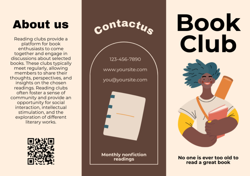 Book Club Information Ad on Beige Brochure Modelo de Design
