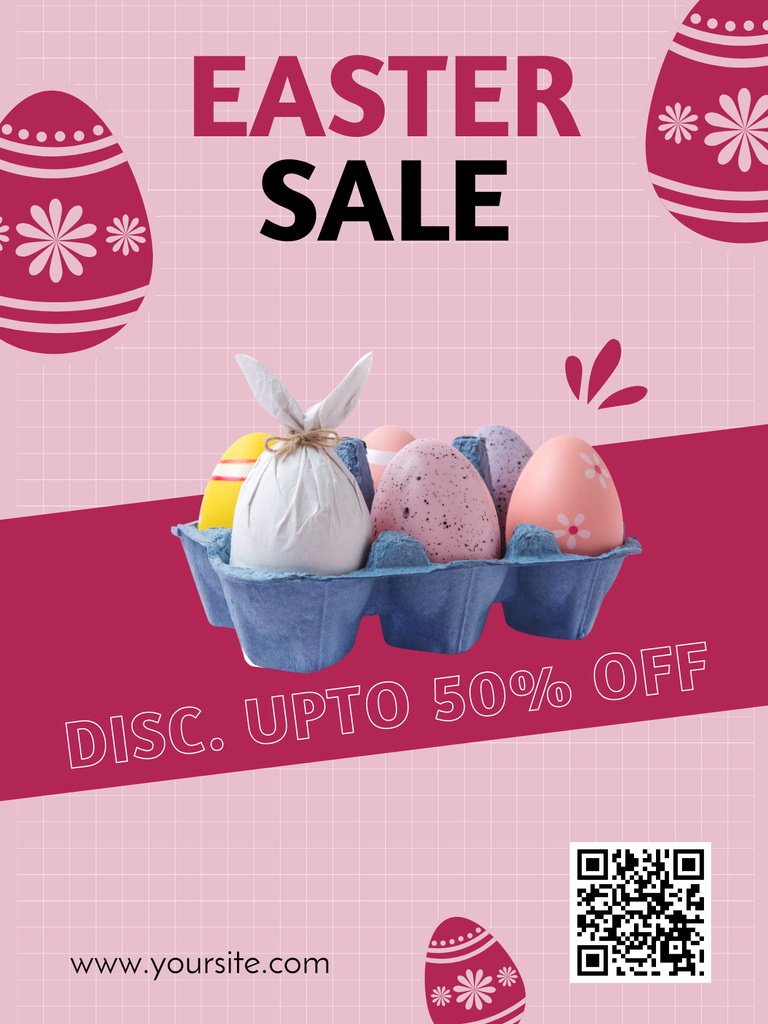 Ontwerpsjabloon van Poster US van Easter Sale Announcement with Painted Easter Eggs in Egg Tray on Pink