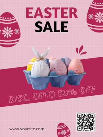 Plantilla de diseño de Anuncio de venta de Pascua con huevos de Pascua pintados en bandeja de huevos en rosa Poster US 