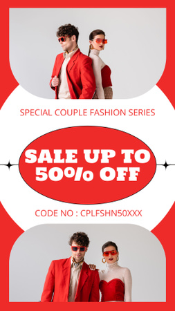 赤い服を着たカップルによるファッション セールのプロモーション Instagram Storyデザインテンプレート