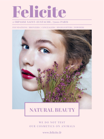 Natural cosmetics ad with Woman holding flowers Poster USデザインテンプレート