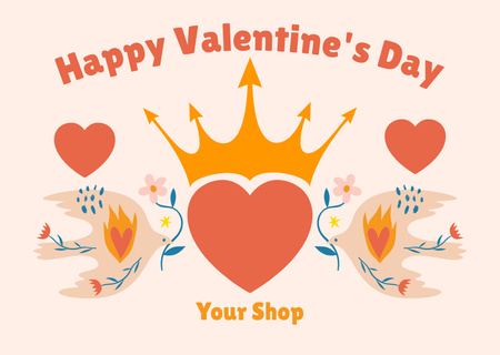 Template di design Saluto di San Valentino con colombe romantiche e cuore luminoso Card