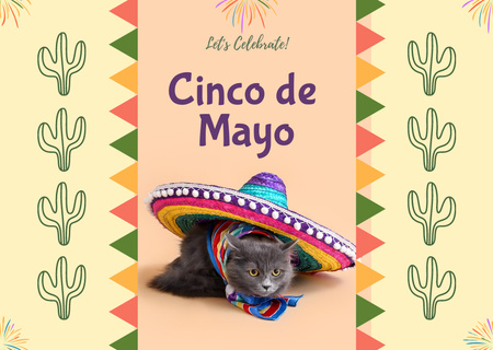 Plantilla de diseño de cinco de mayo con gato en sombrero Card 