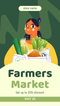 Designvorlage Rabattangebot auf dem Bauernmarkt mit Cartoon-Mädchen beim Einkaufen für Instagram Story