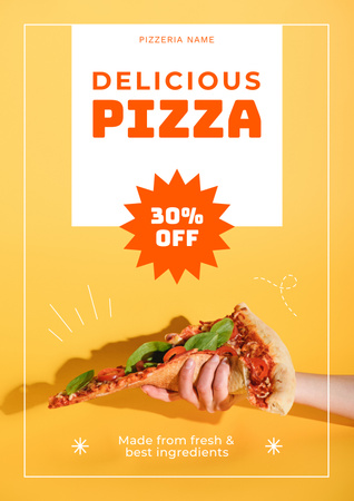 Designvorlage Rabattankündigung für ein Stück köstliche Pizza in der Hand für Poster