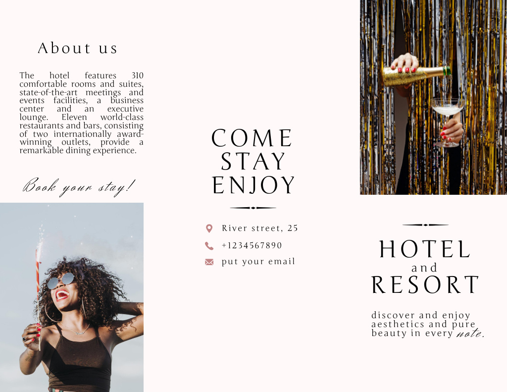 Plantilla de diseño de Resort Ad with Young Woman and Festive Champagne Brochure 8.5x11in 