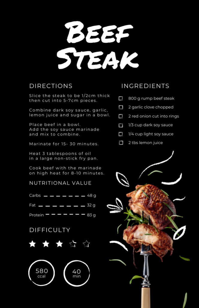 Beef Steak Cooking Steps Recipe Card Design Template