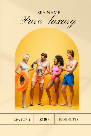 Spa Salon Ad with People in Swimsuit Pinterest Design Template
