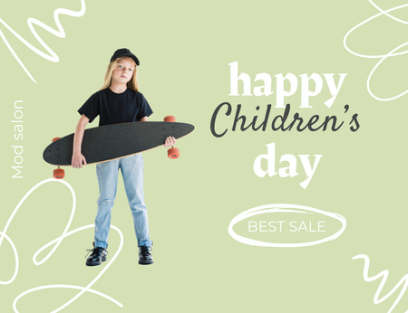 Designvorlage Mädchen mit Skateboard beim Sonderangebot zum Kindertag für Thank You Card 5.5x4in Horizontal