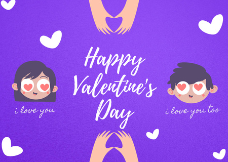 Platilla de diseño Valentine's Day Greetings with Cute Boy and Girl and Hearts Card