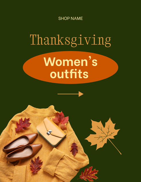 Female Outfits Offer on Thanksgiving on Green with Leaves Flyer 8.5x11in Design Template
