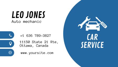 Modèle de visuel Annonce de service de voiture avec un travailleur en uniforme sur bleu - Business Card US