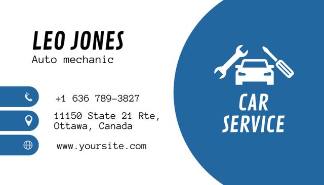 Car Service Ad with Worker in Uniform on Blue Business Card US tervezősablon