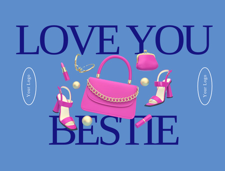 Galentine's Day Greeting with Glamorous Accessories on Blue Postcard 4.2x5.5in Πρότυπο σχεδίασης