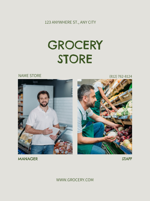 Grocery Store Ad with Cheerful Staff Poster US Πρότυπο σχεδίασης