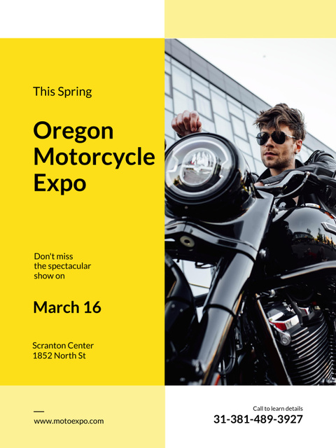 Designvorlage Motorcycle Exhibition Ad with Handsome Man on Cool Motorcycle für Poster US