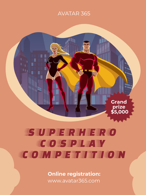 Action-packed Superhero Cosplay Competition Announcement Poster US Tasarım Şablonu