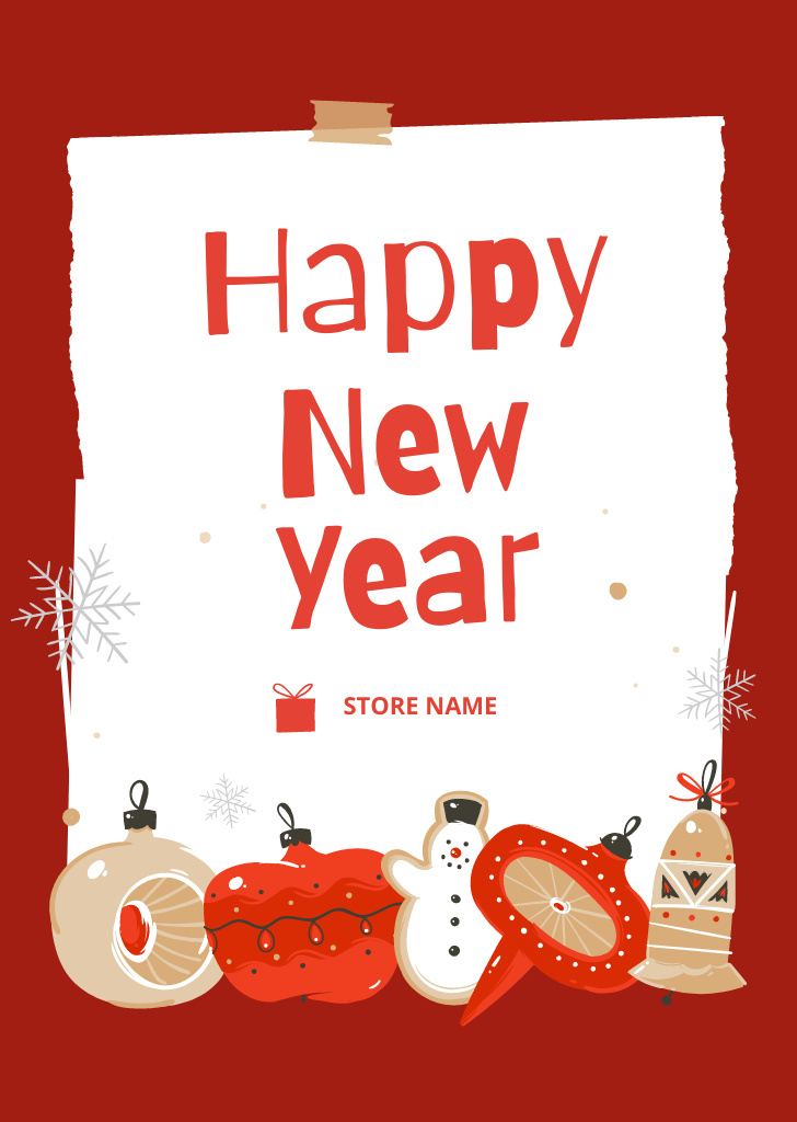 New Year Holiday Celebration with Cute Decorations Postcard A6 Vertical – шаблон для дизайна