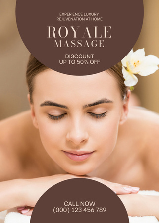 Young Woman with Flower in Hair Enjoying Body Massage Flayer Design Template