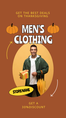 Oferta de venda de roupas masculinas no Dia de Ação de Graças Instagram Story Modelo de Design