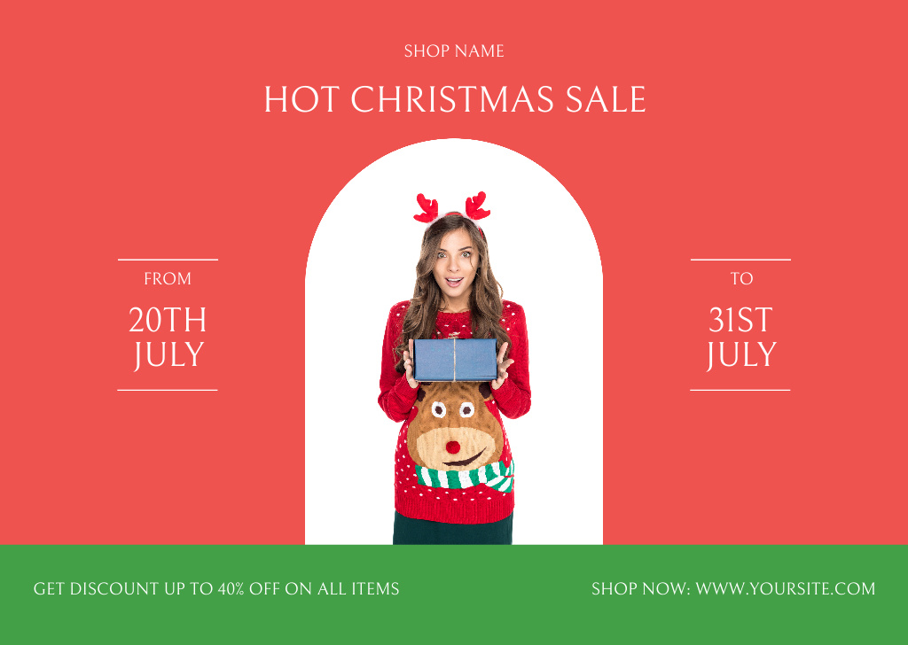 July Christmas Sale Announcement with Young Woman Flyer A6 Horizontal – шаблон для дизайну