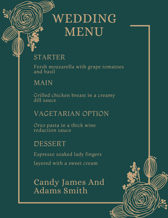 Simple Green Wedding Dishes List with Flowers Sketch Menu 8.5x11in Design Template