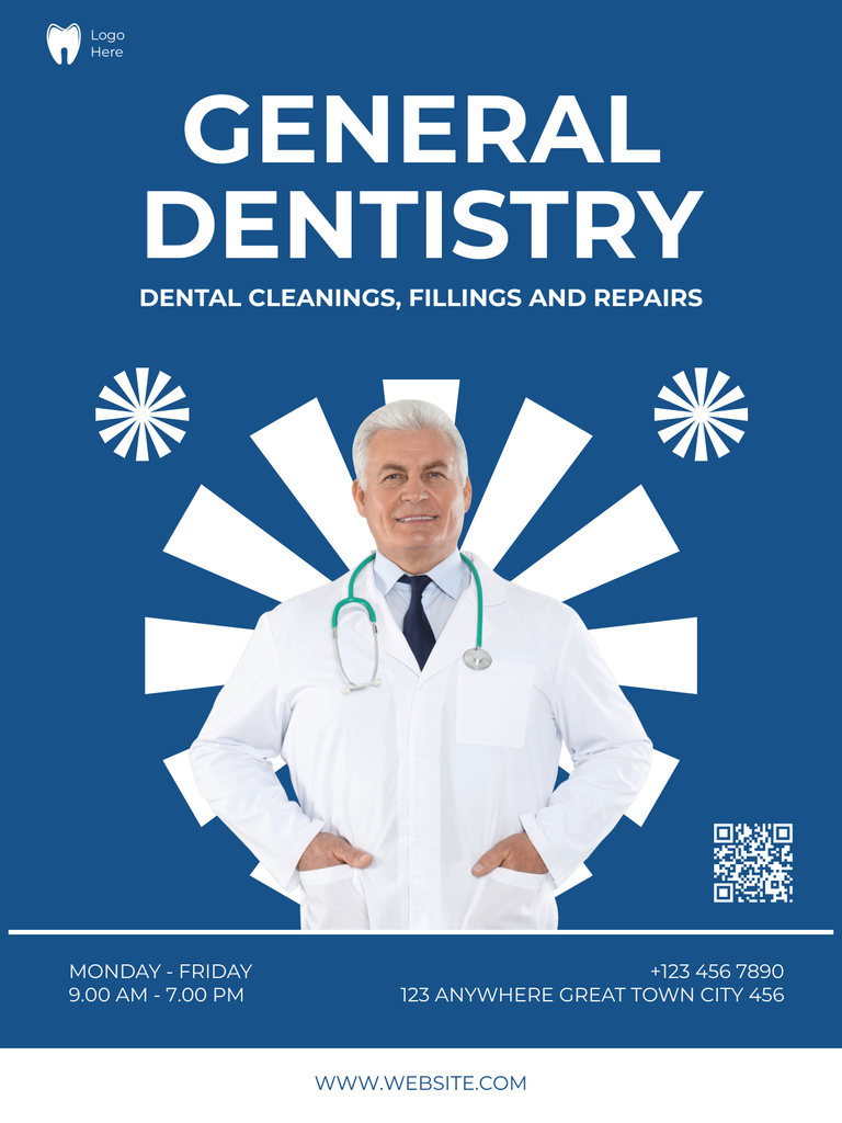 General Dentistry Offer with Mature Doctor Poster US Modelo de Design