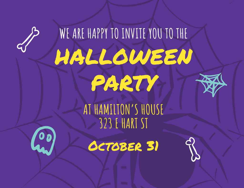 Ontwerpsjabloon van Invitation 13.9x10.7cm Horizontal van Halloween Party Announcement With Spider In Web
