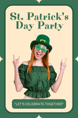 St. Patrick's Day Party Announcement with Redhead Woman Pinterest Design Template