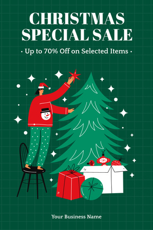 Xmas Sale Promo with Woman Decorating Fir Tree Pinterest Design Template