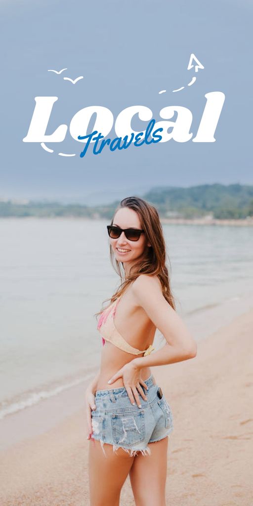 Designvorlage Local Travels Inspiration with Young Woman on Ocean Coast für Graphic