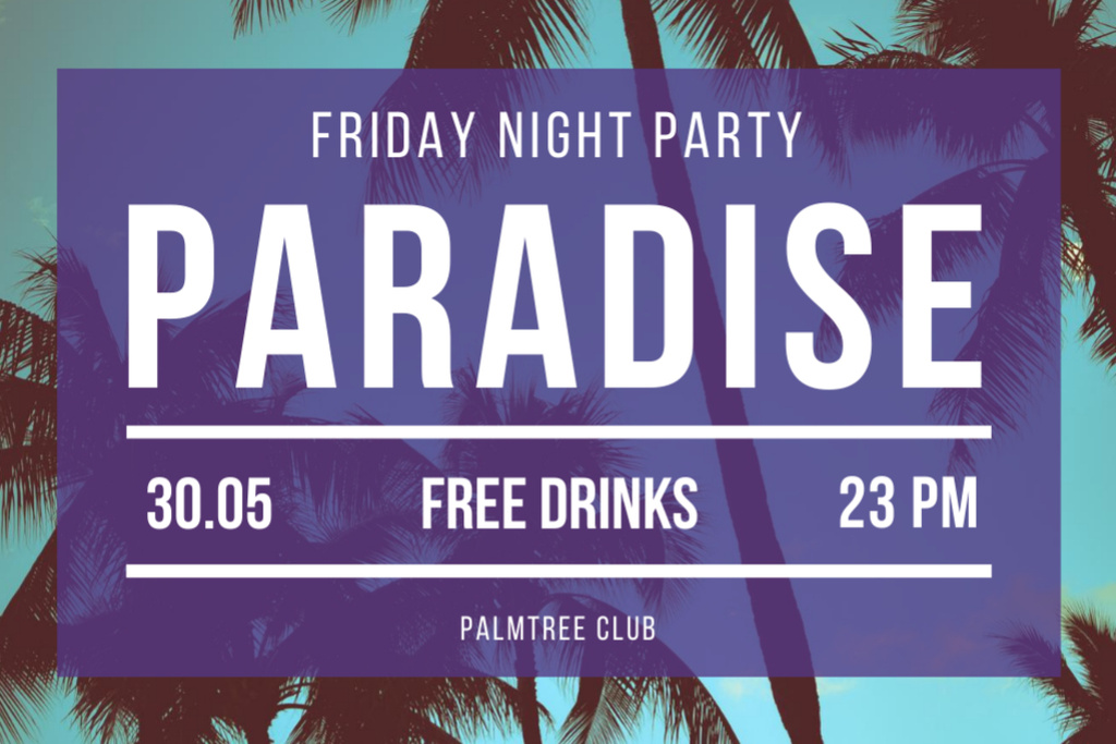 Designvorlage Amazing Night Party Announcement In Palm Tree Club für Flyer 4x6in Horizontal