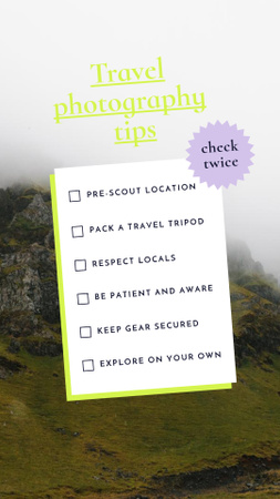 Travel Photography Tips Ad with Foggy Mountain Instagram Story Modelo de Design